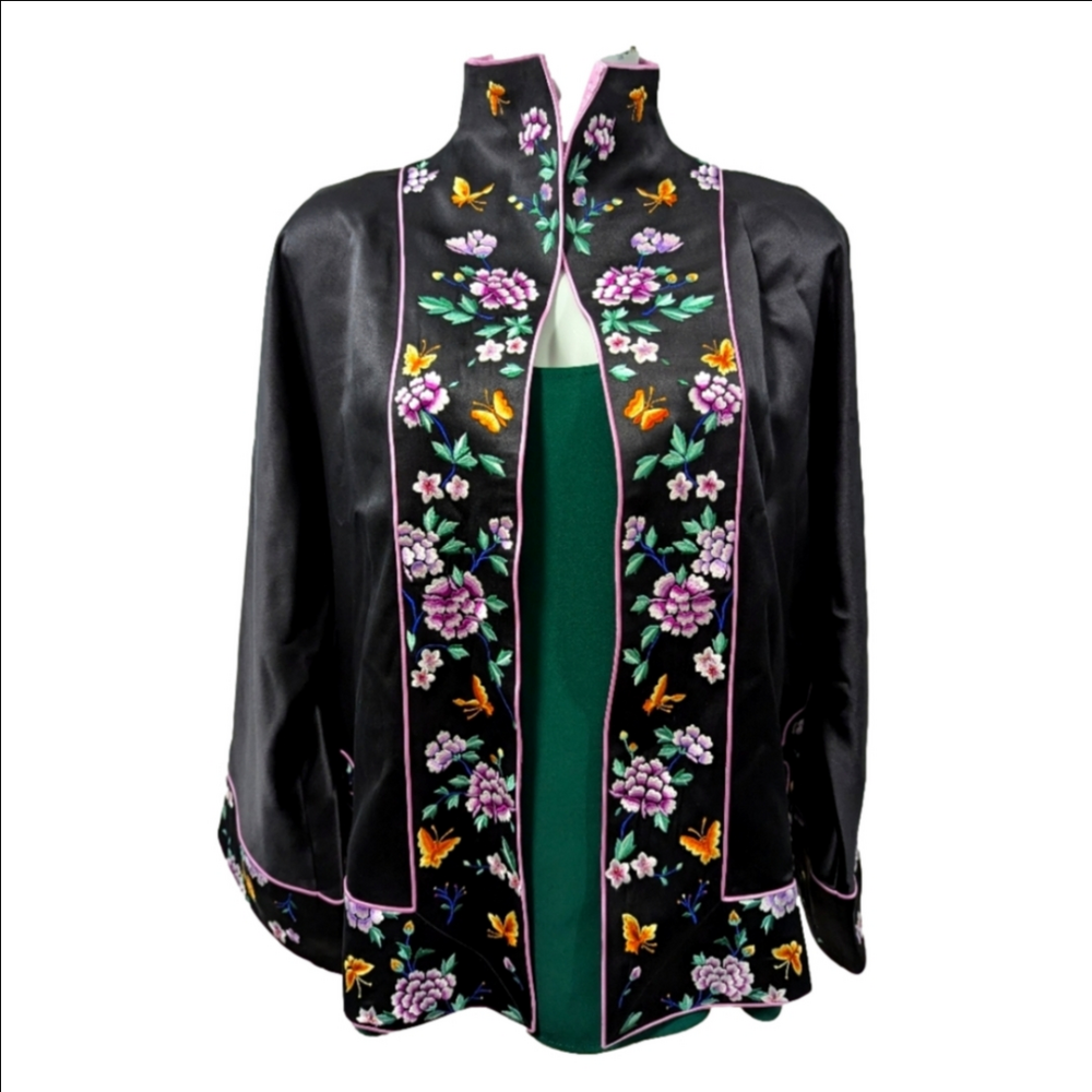 Mulberry Silk Embroidered Floral Robe Loose Jacket Qipao Long Sleeve Size XL